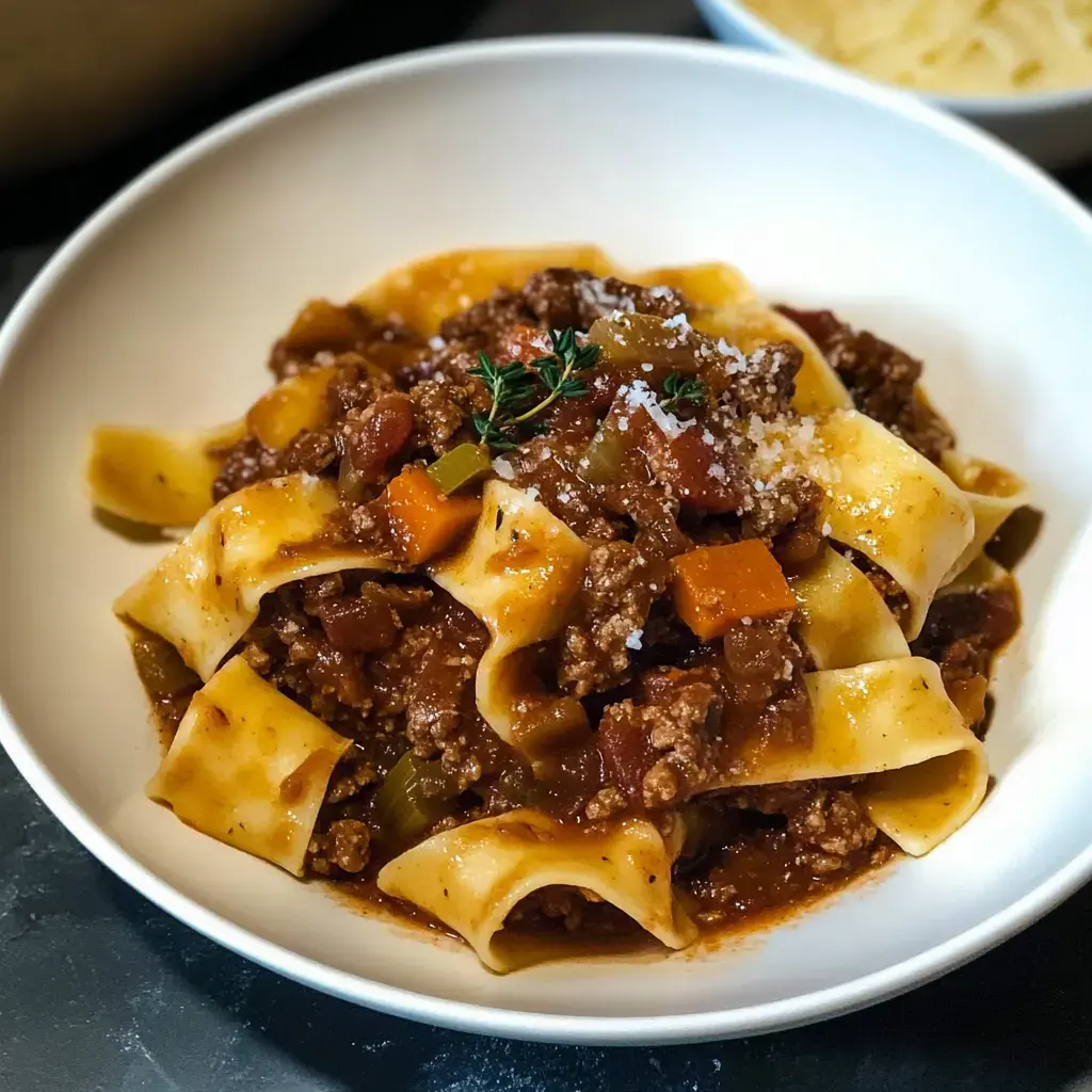 A bowl of pappardelle pasta topped with a savory meat sauce and garnished with fresh thyme.