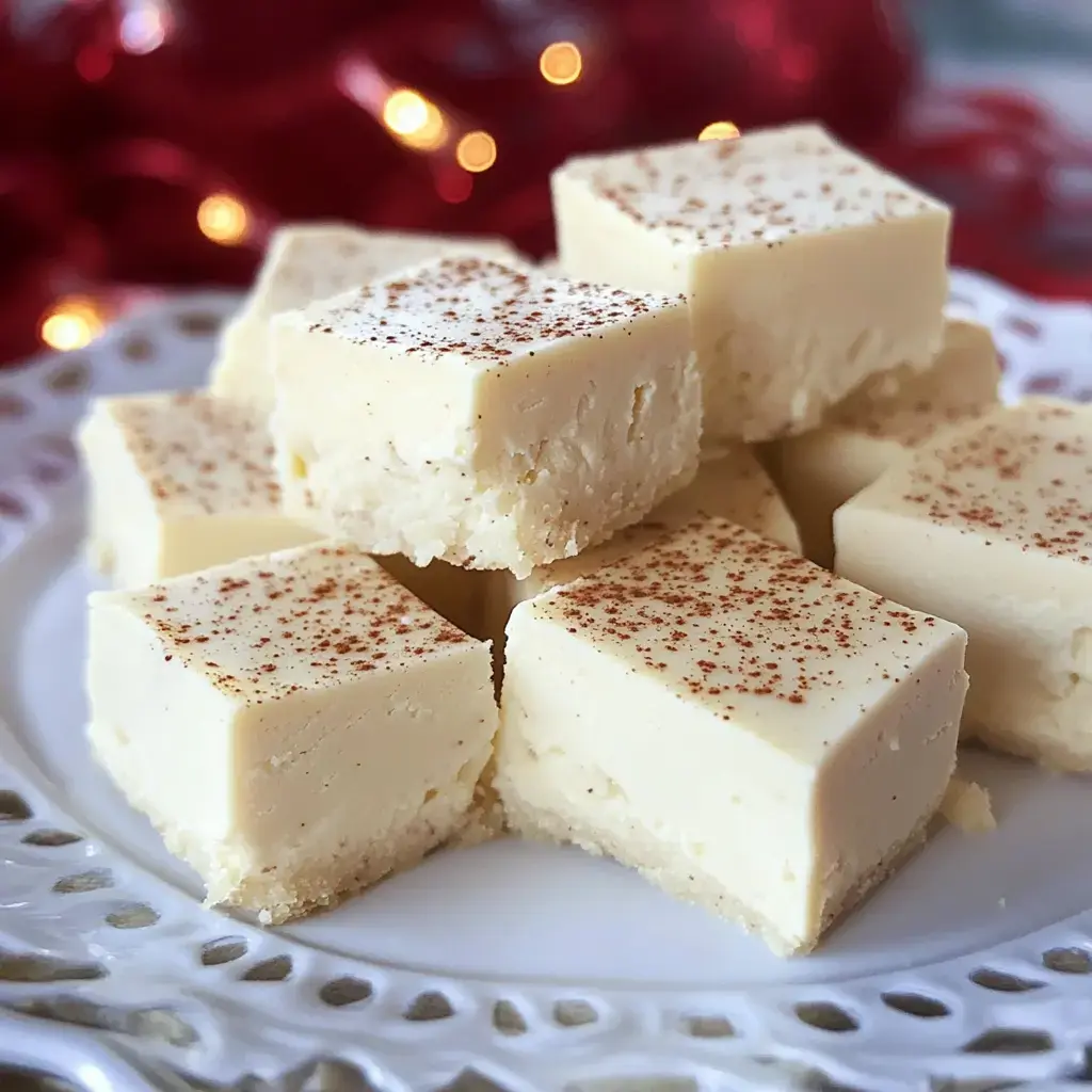 A plate of square pieces of creamy white fudge topped with a light dusting of spices.