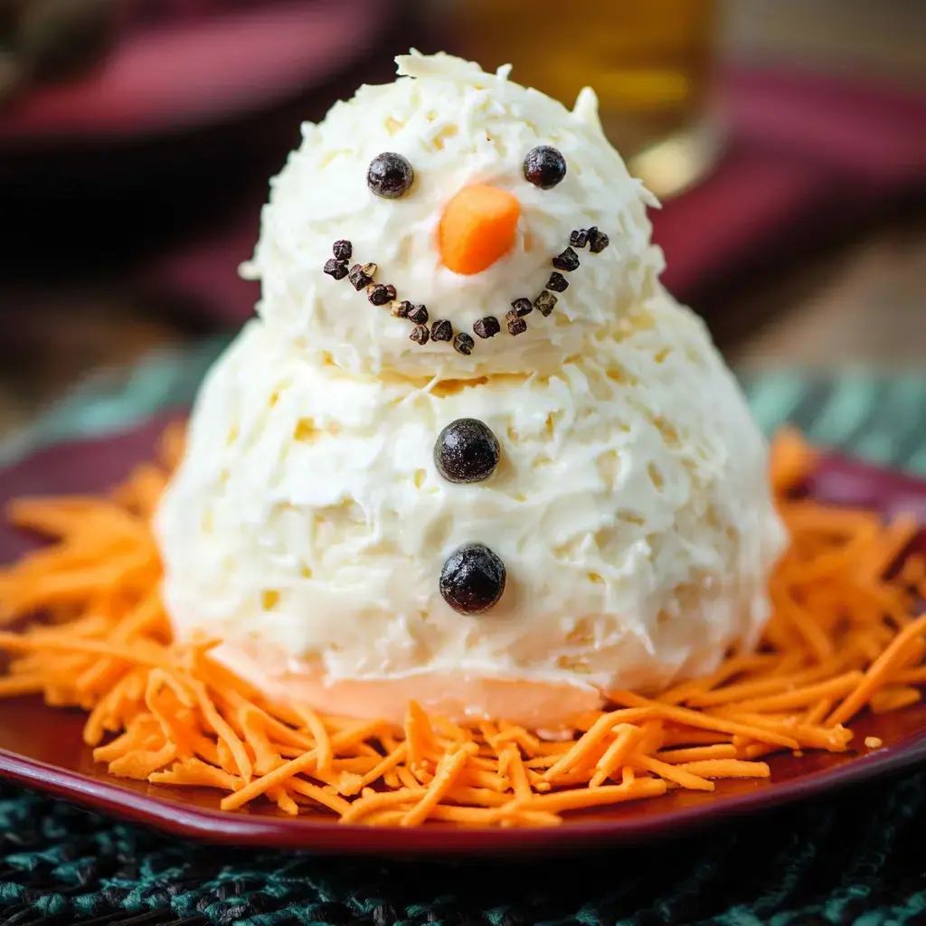 A decorative snowman made of food, featuring a white cheese-like coating, a carrot nose, and black olives for facial features, surrounded by shredded carrots on a plate.