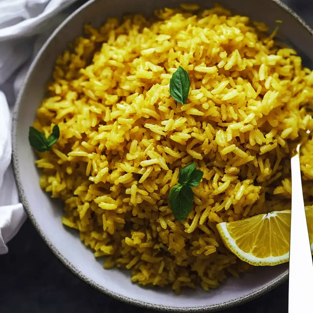 A bowl of yellow rice garnished with fresh mint leaves and a slice of lemon.