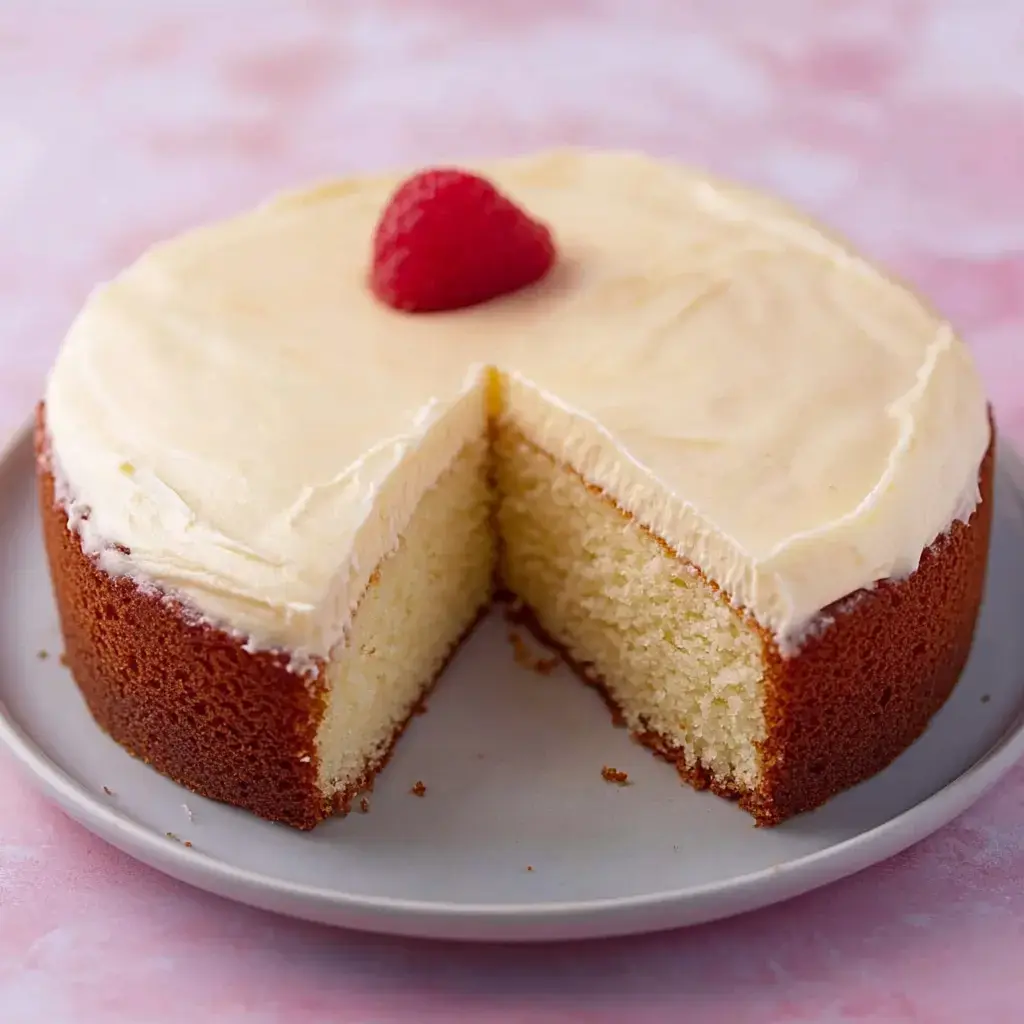 A round cake with cream frosting and a raspberry on top, partially sliced on a pale plate.