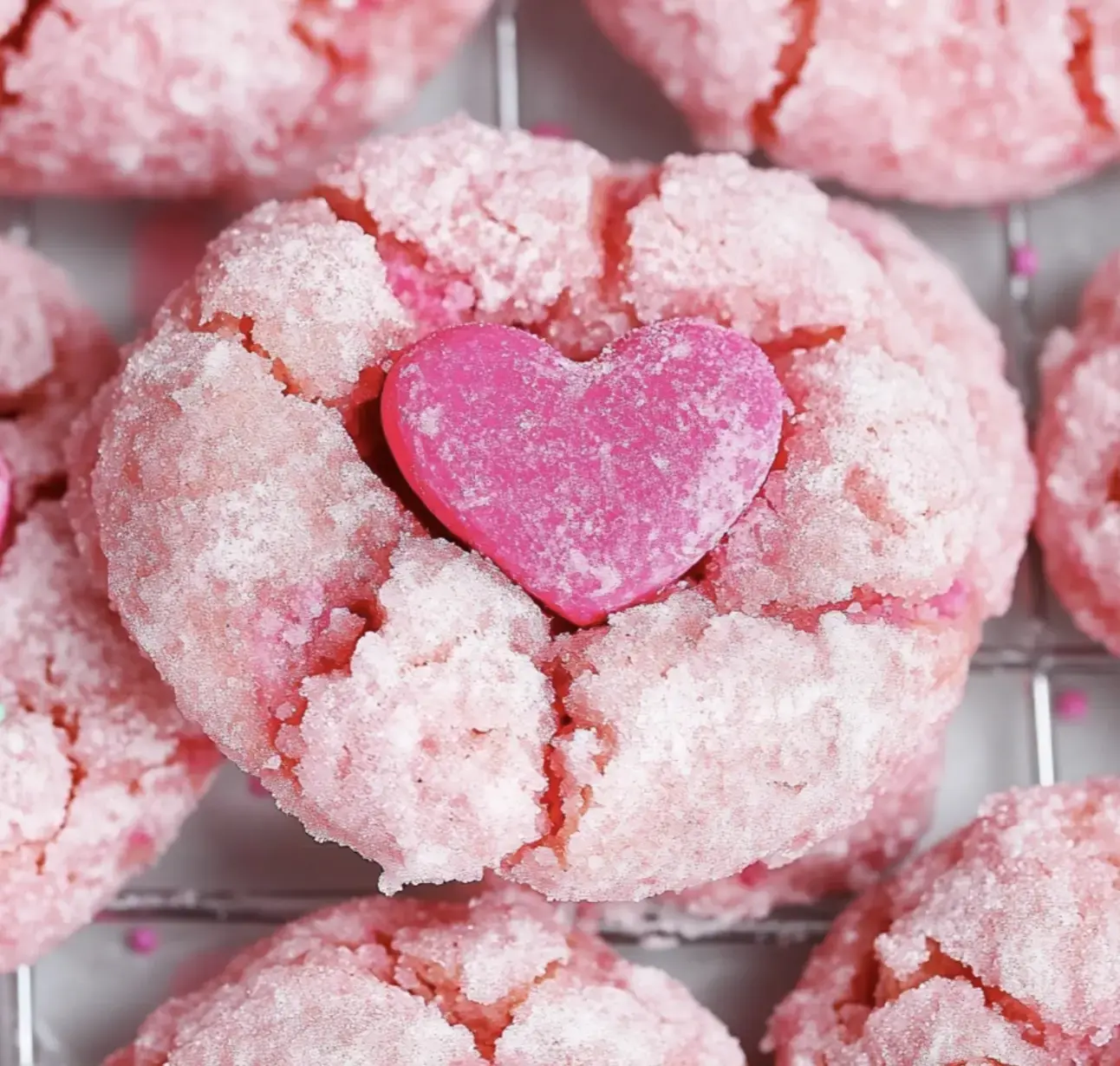 A close-up of pink sugar-coated cookies with a pink heart-shaped candy on top.