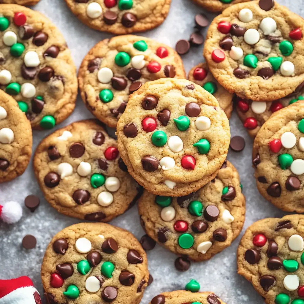 A close-up view of festive cookies decorated with red, green, and white chocolate chips on a countertop.