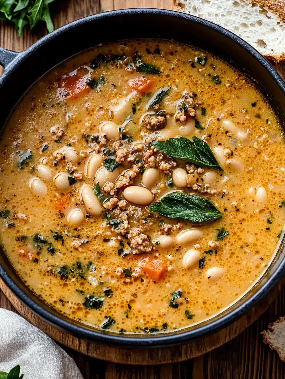 A bowl of hearty soup with ground meat, white beans, vegetables, and fresh herbs, served on a wooden table alongside a slice of bread.