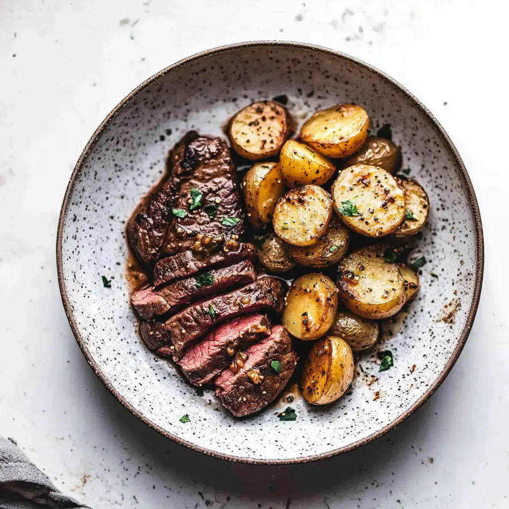 A plate of sliced cooked steak served alongside golden roasted baby potatoes, garnished with herbs.