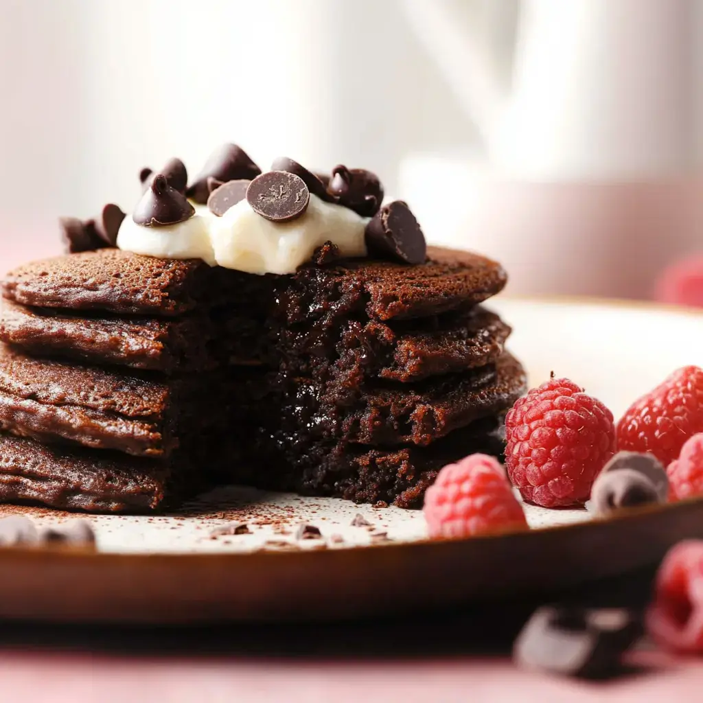 A stack of chocolate pancakes topped with cream and chocolate chips, served with fresh raspberries on a plate.