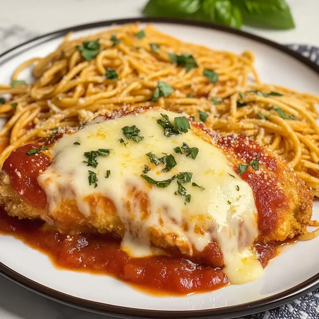 A plate of breaded chicken topped with marinara sauce and melted cheese, accompanied by spaghetti garnished with parsley.