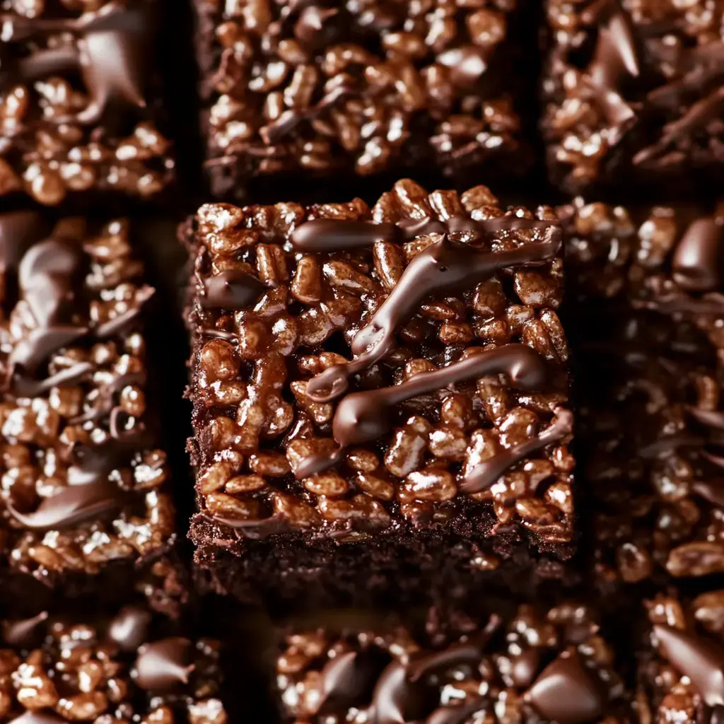 A close-up image of chocolate rice crispy treats drizzled with chocolate, arranged in a grid.