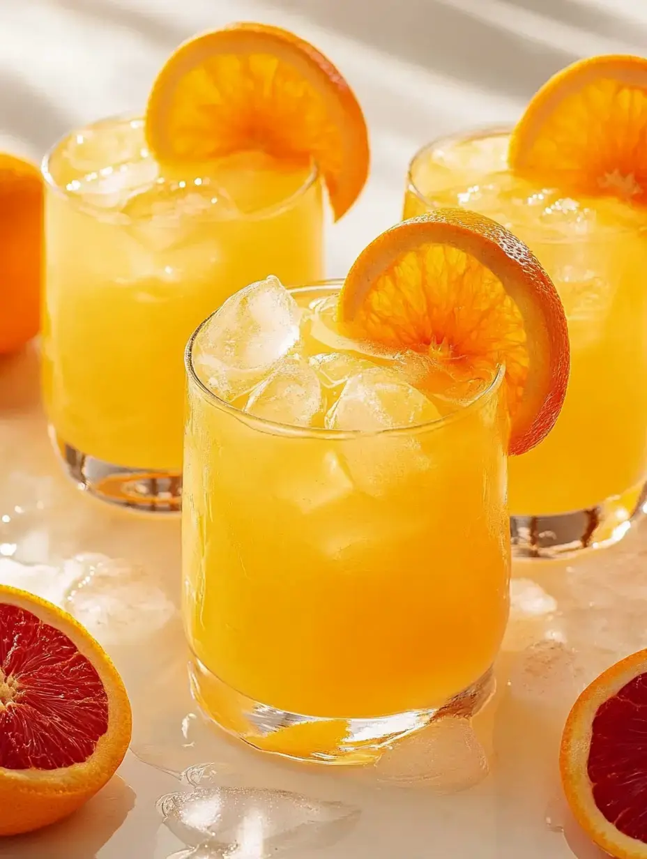 Three vibrant orange drinks with ice, garnished with orange slices, are surrounded by fresh oranges on a light surface.