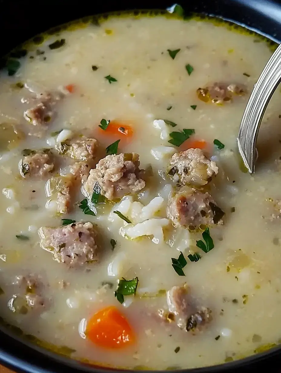 A close-up of a creamy soup in a black bowl, featuring chunks of sausage, rice, diced carrots, and sprinkled parsley.