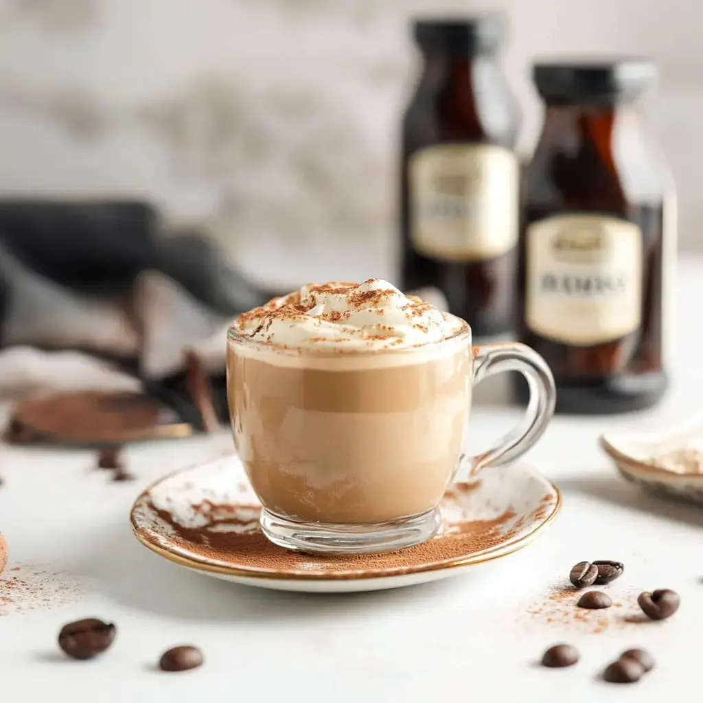 A frothy cup of coffee topped with whipped cream and cocoa powder sits on a saucer next to coffee beans and jars in a softly blurred background.