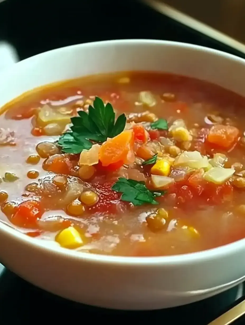 A close-up of a bowl of colorful vegetable soup garnished with fresh parsley.