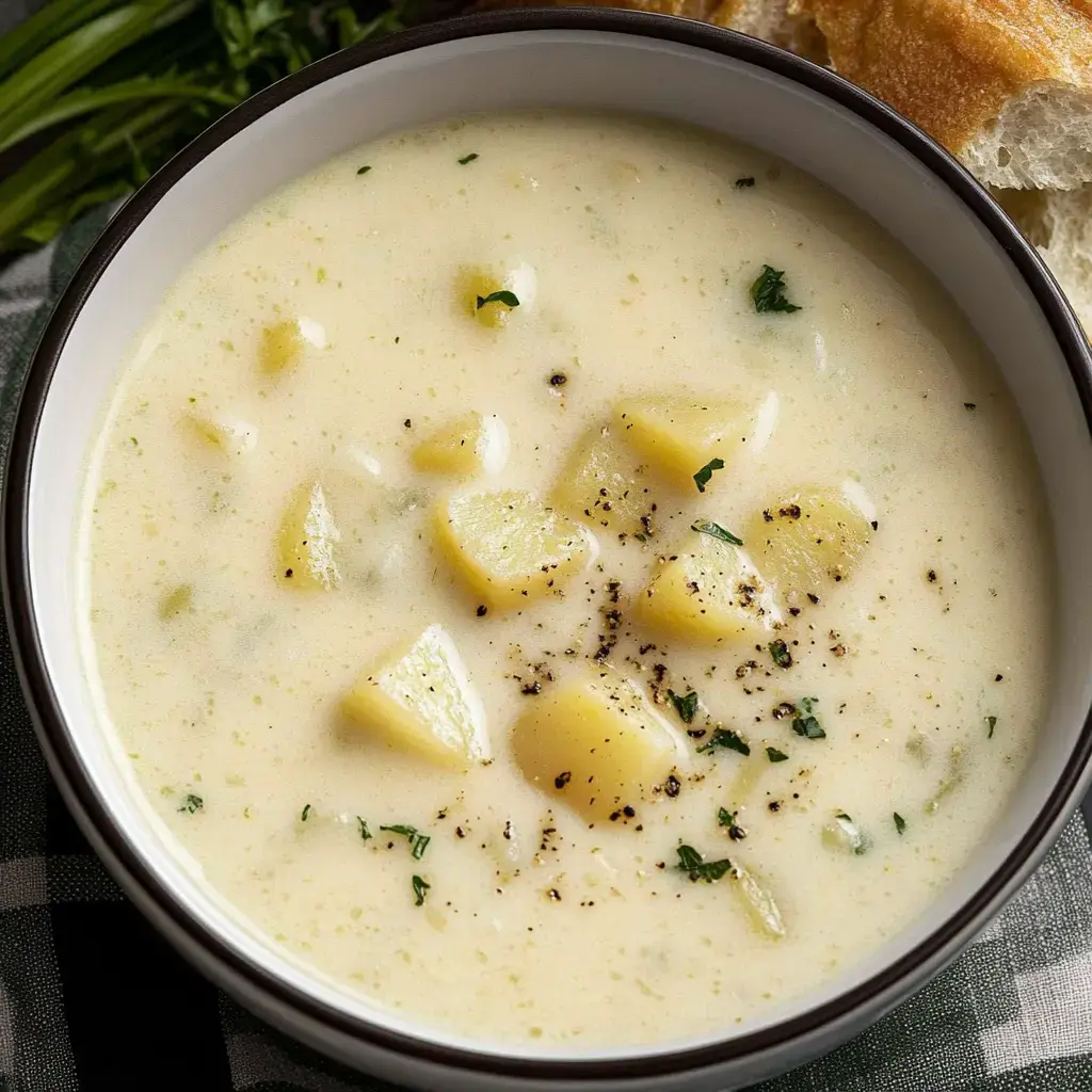 A bowl of creamy potato soup garnished with herbs and black pepper, accompanied by a piece of bread.