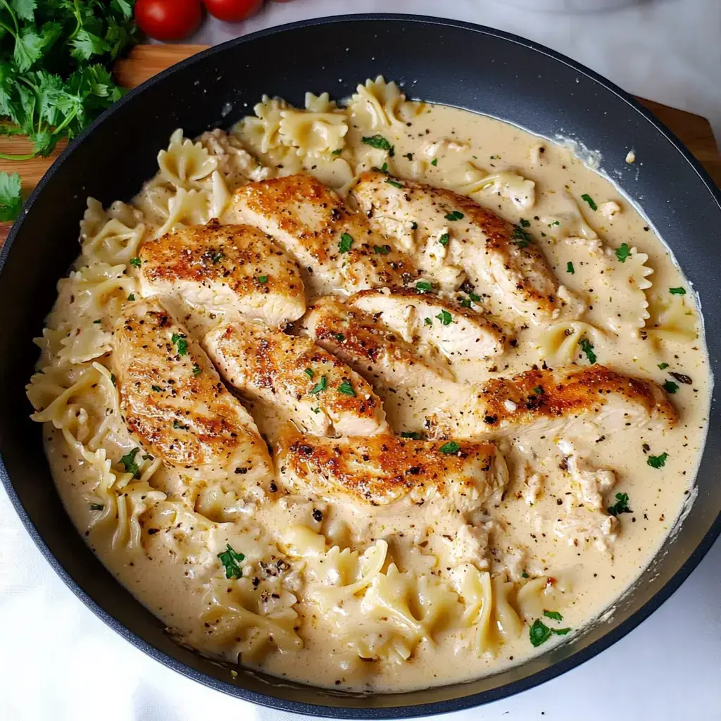 A skillet filled with creamy farfalle pasta topped with seasoned grilled chicken slices and garnished with parsley.