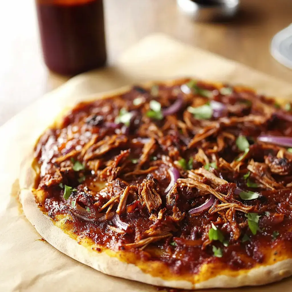 A close-up of a barbecue pizza topped with shredded meat, red onions, and green herbs on a wooden surface.