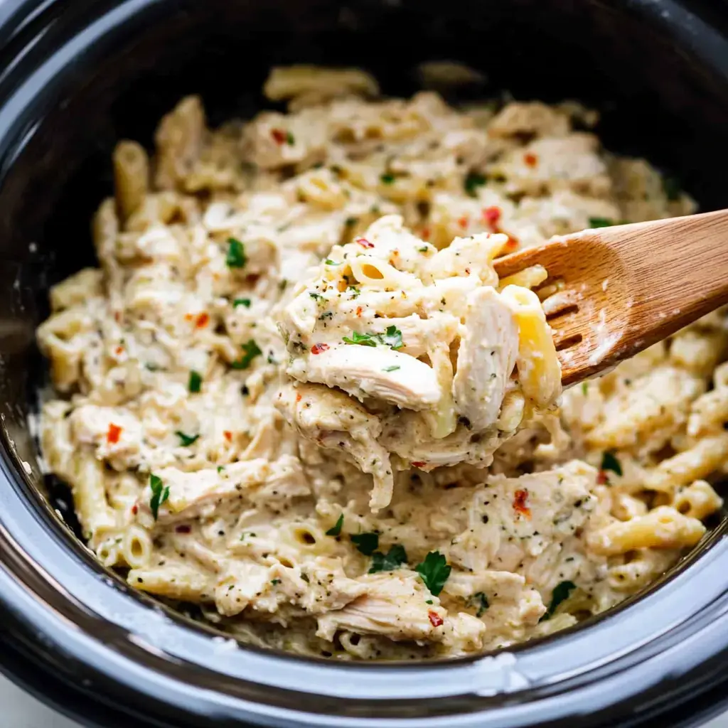 A wooden spoon is lifting creamy chicken and pasta from a slow cooker filled with a cheesy dish garnished with herbs.