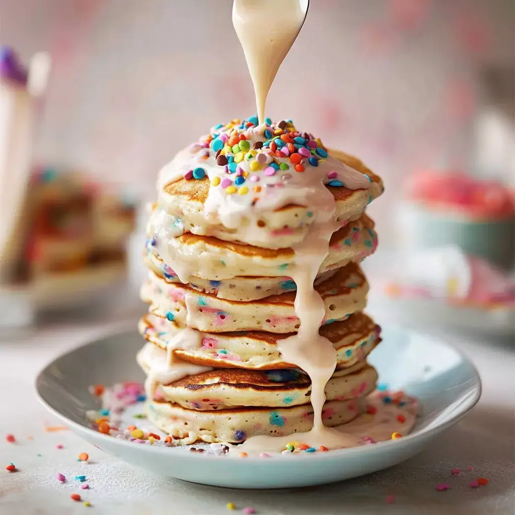 A tall stack of pancakes topped with colorful sprinkles and drizzled with a creamy glaze sits on a pale blue plate.