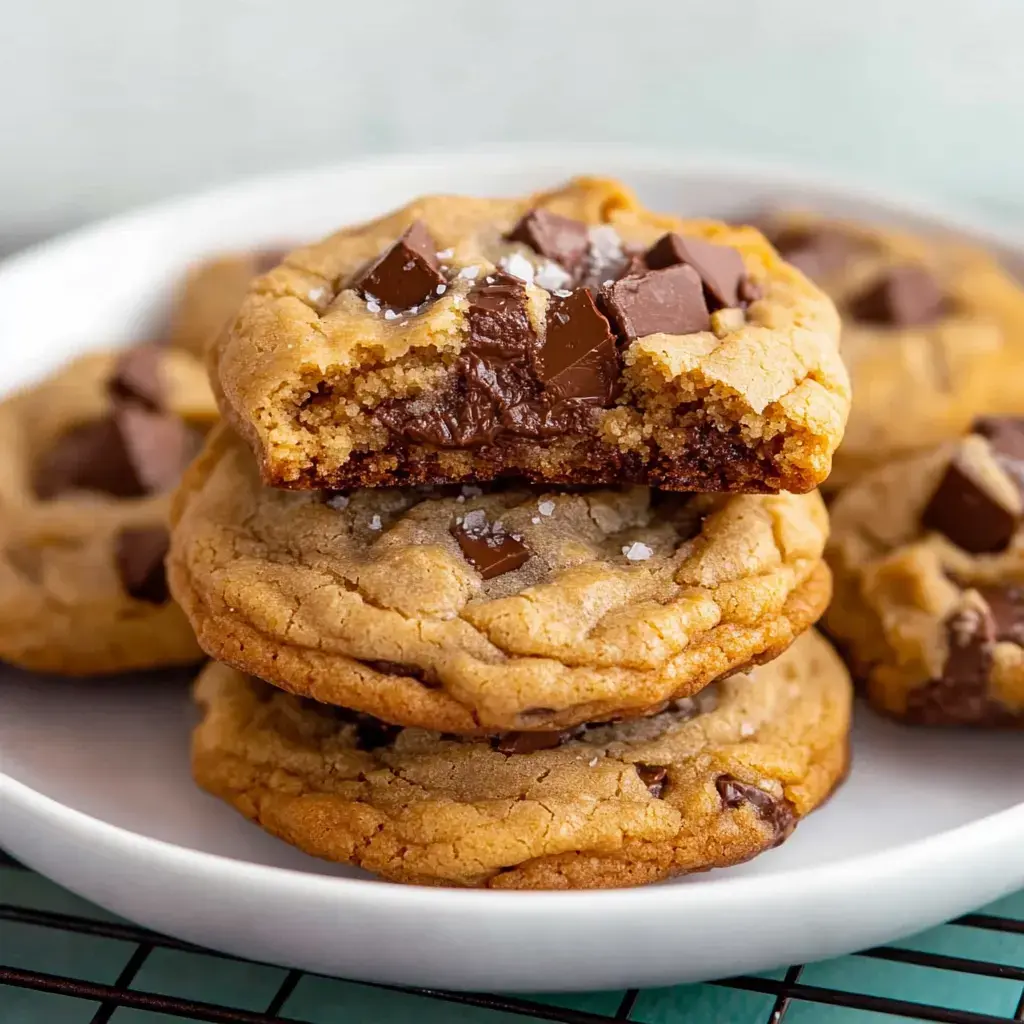 A close-up image of a stack of chocolate chip cookies, with one cookie bitten into to reveal gooey chocolate inside.