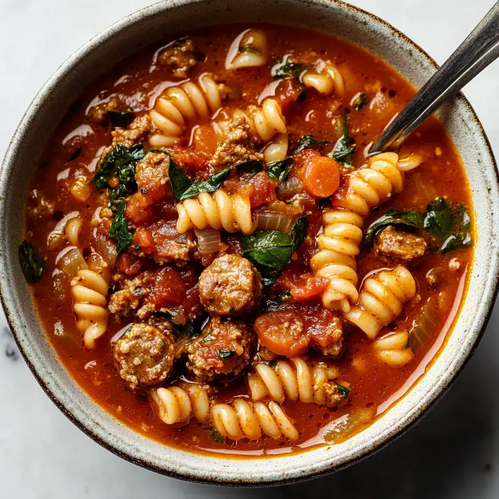 A bowl of hearty soup contains fusilli pasta, meatballs, diced carrots, and leafy greens in a rich tomato broth.