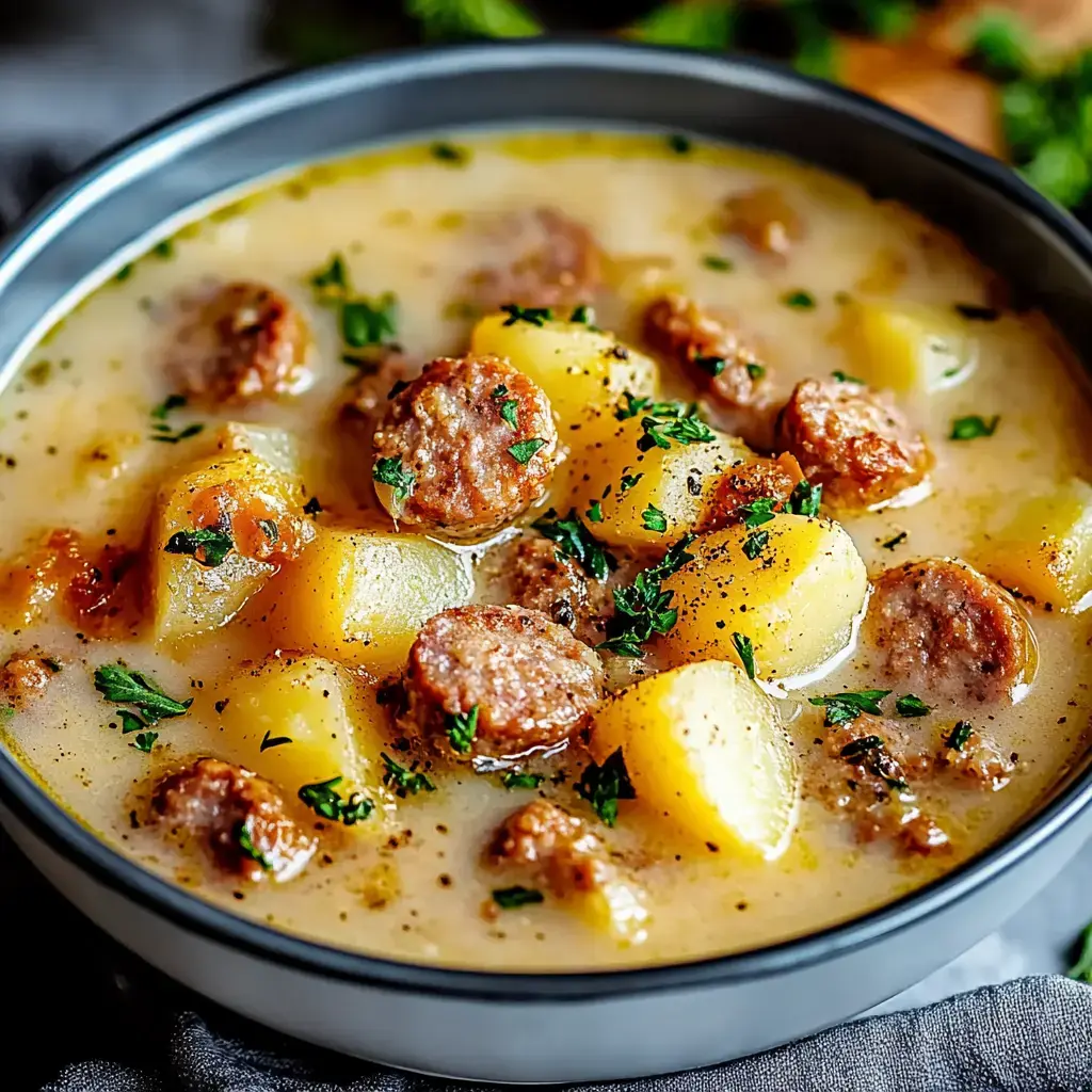 A hearty soup featuring sausage, potatoes, and herbs served in a gray bowl.