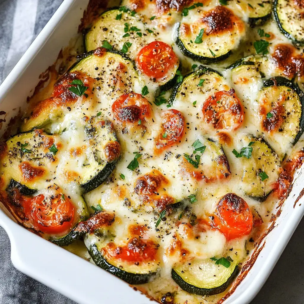 A baked dish featuring layers of sliced zucchini and cherry tomatoes topped with melted cheese and herbs.