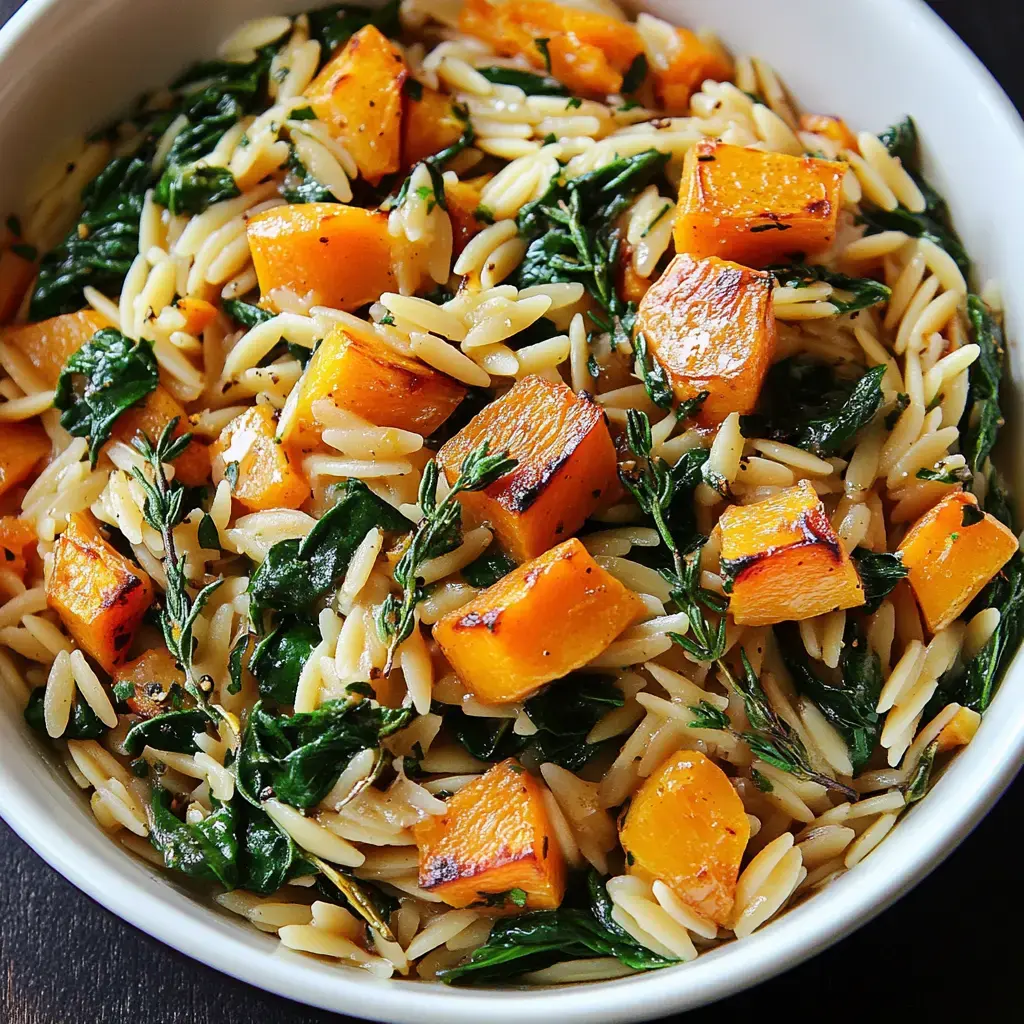 A bowl of orzo pasta mixed with roasted butternut squash, fresh spinach, and herbs.