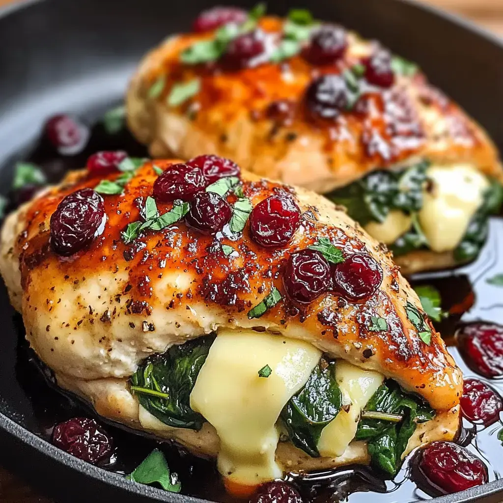 Two stuffed chicken breasts topped with cranberries and garnished with herbs, served in a dark skillet.