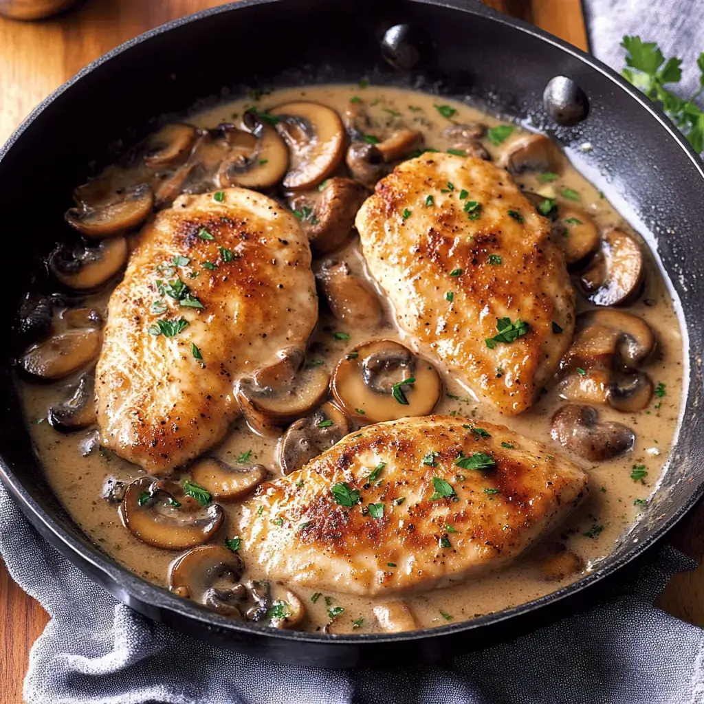 A skillet containing three pieces of golden-brown chicken breast in a creamy mushroom sauce, garnished with parsley.