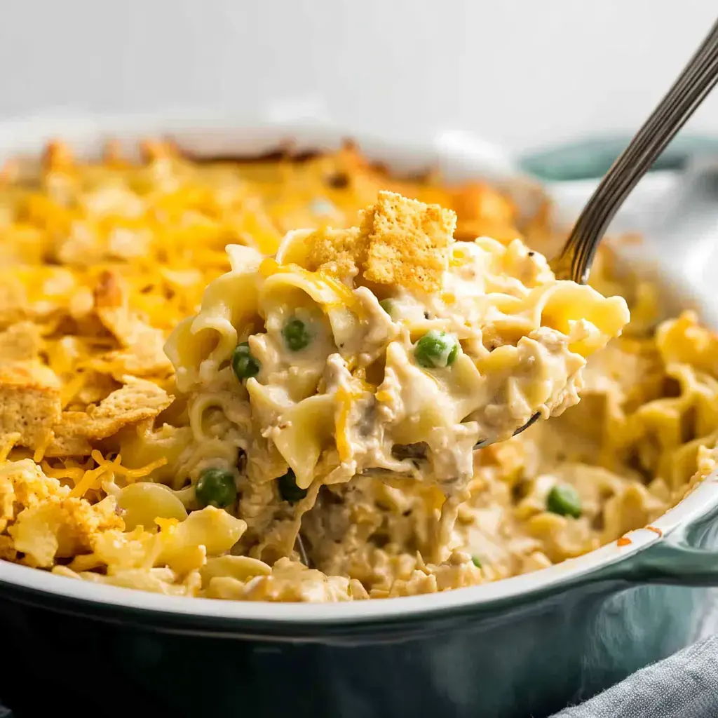 A serving of creamy noodle casserole with peas and crunchy topping is being lifted from a baking dish.