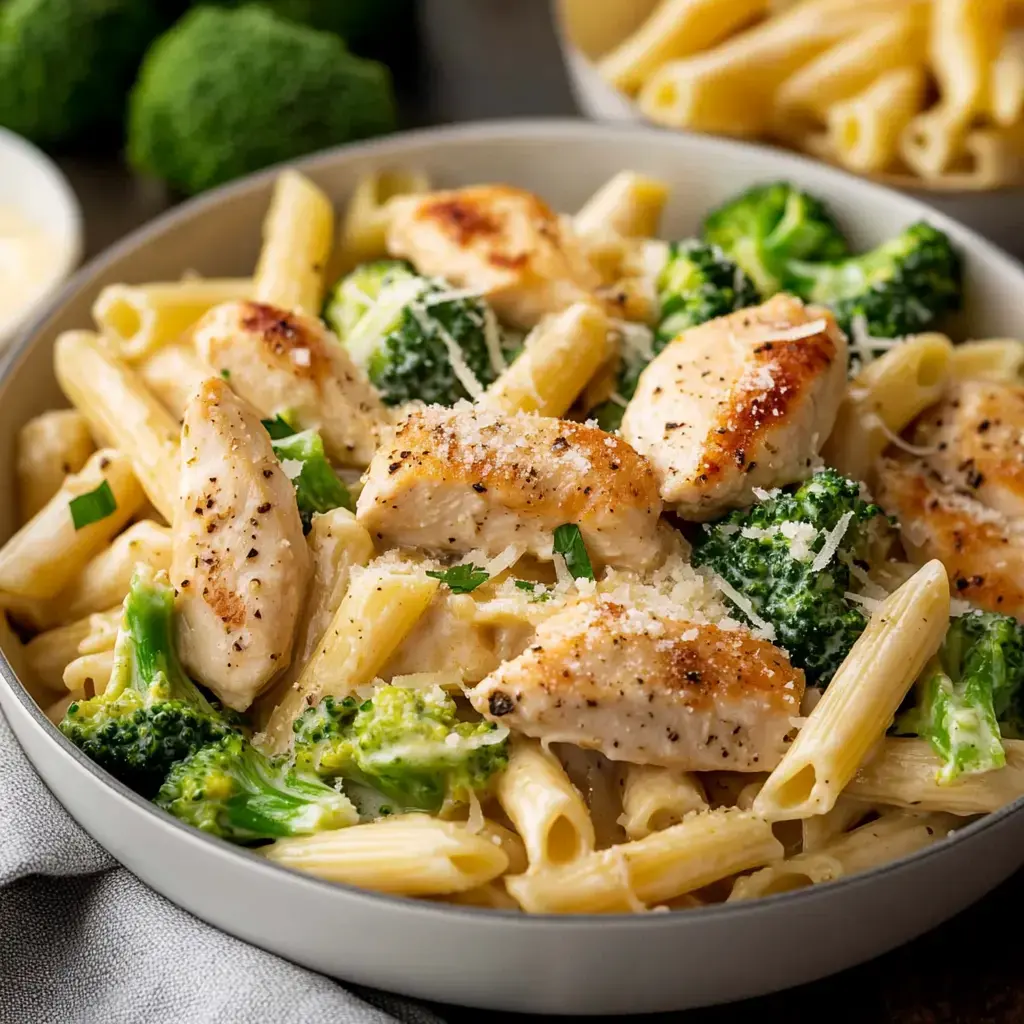 A bowl of creamy pasta with penne, broccoli, and grilled chicken, garnished with parmesan cheese.