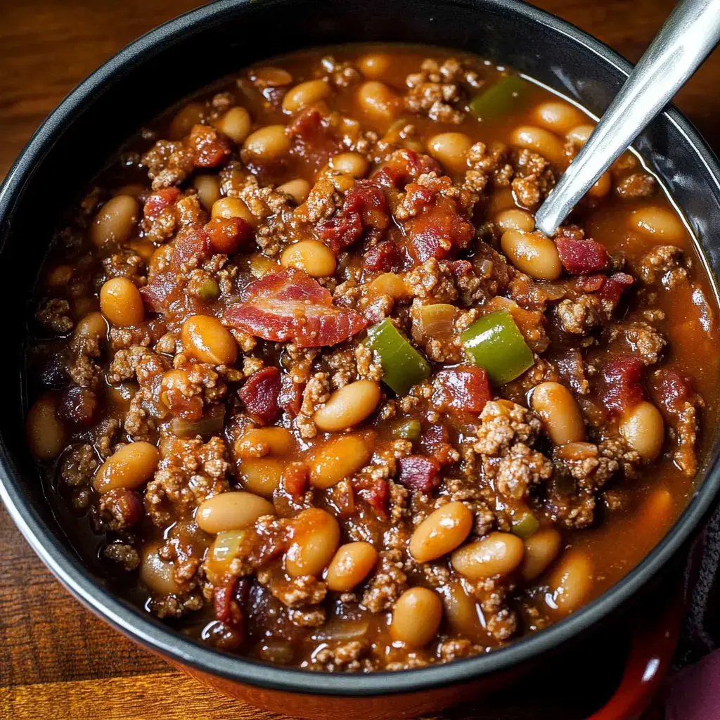 A close-up view of a bowl of chili containing ground beef, beans, tomatoes, and green peppers.