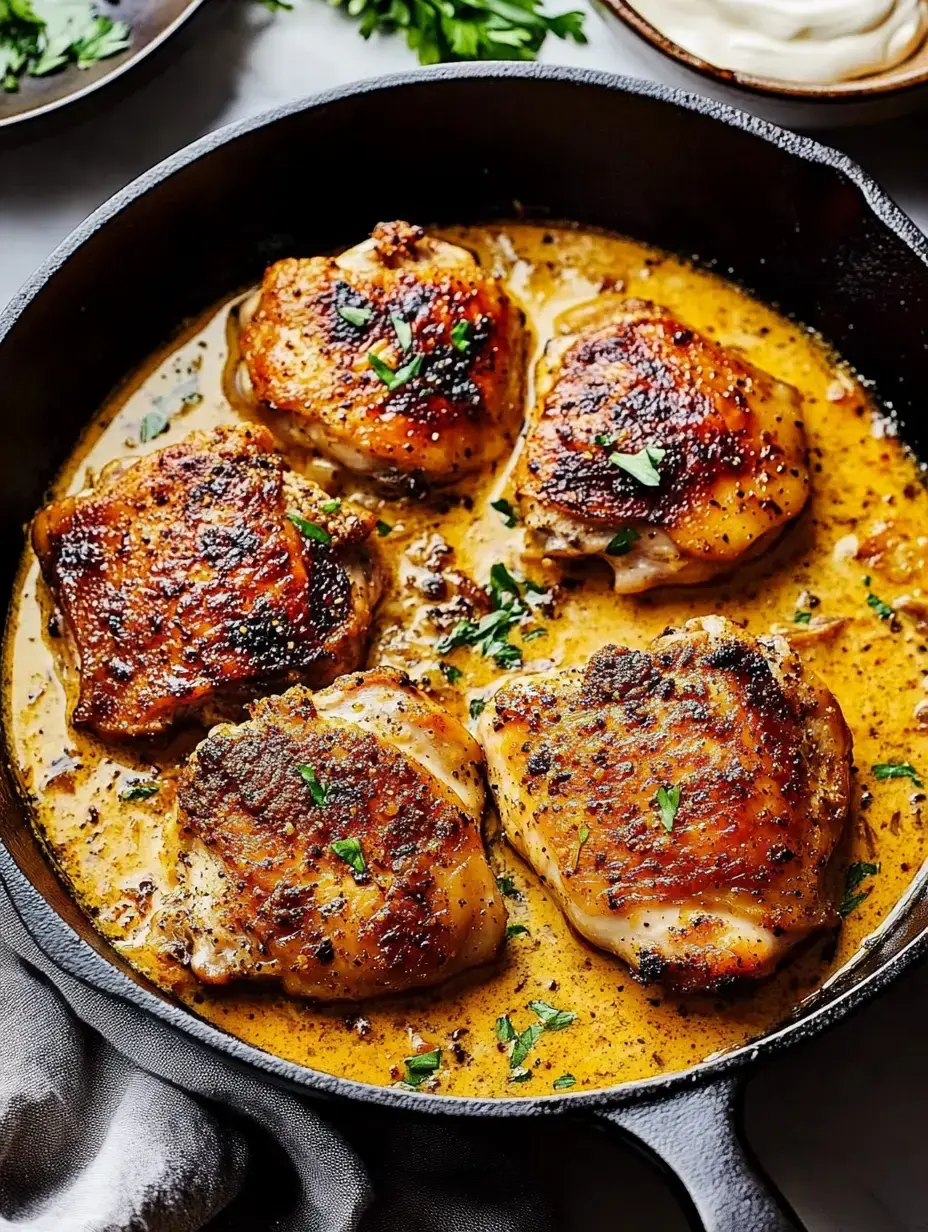 A cast iron skillet filled with golden-brown chicken thighs in a creamy sauce, garnished with herbs.