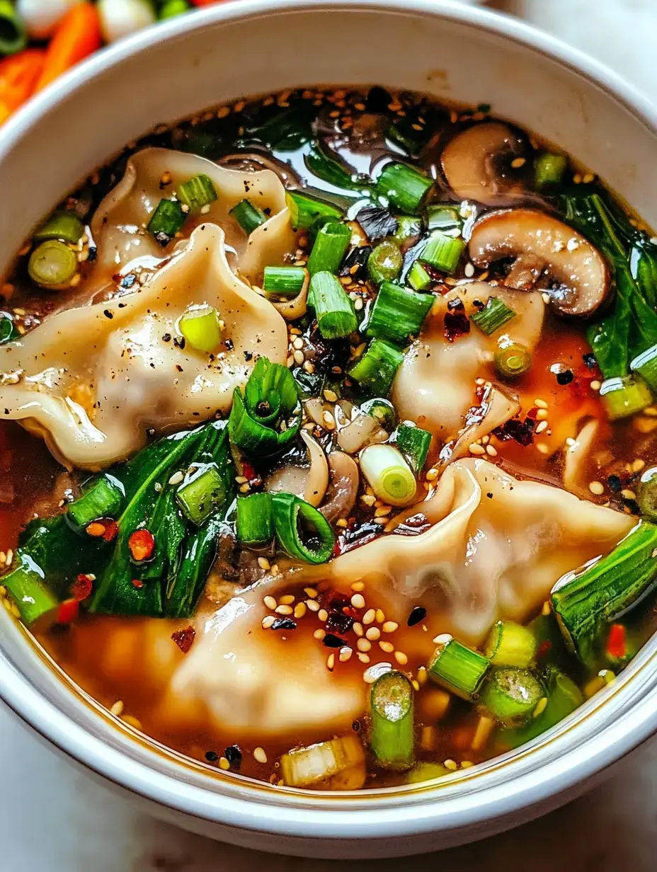 A bowl of dumpling soup garnished with green onions, mushrooms, and sesame seeds in a savory broth.