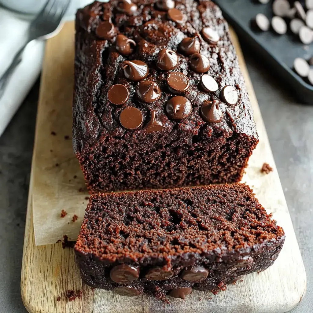 A freshly baked chocolate loaf cake topped with chocolate chips, displayed on a wooden cutting board with a slice cut off.