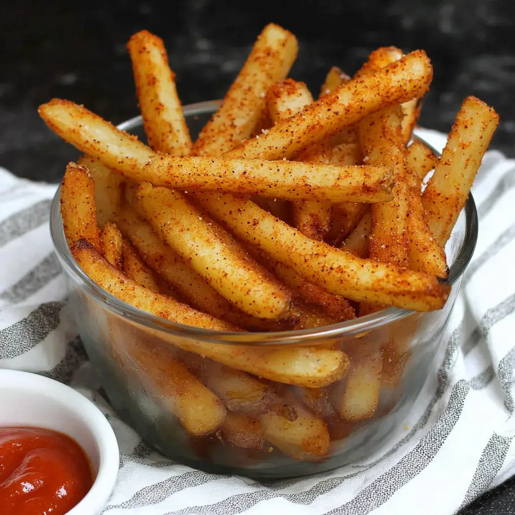 A glass bowl filled with seasoned French fries served alongside a small dish of ketchup.