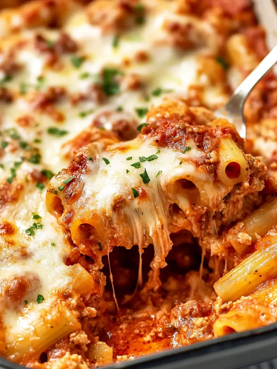 A serving of baked pasta with tomato sauce, melted cheese, and chopped herbs is being lifted from a dish.