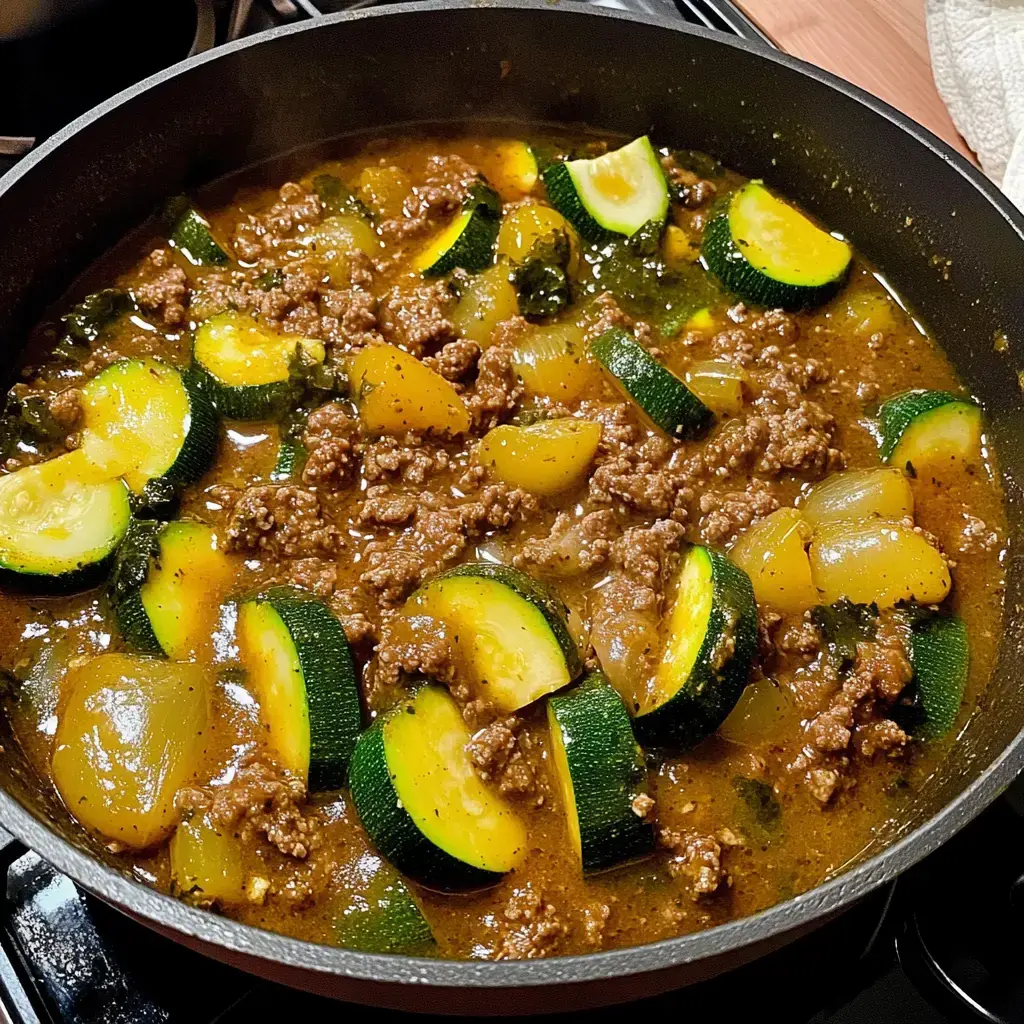 A skillet filled with cooked ground beef, zucchini slices, and yellow squash in a savory sauce.