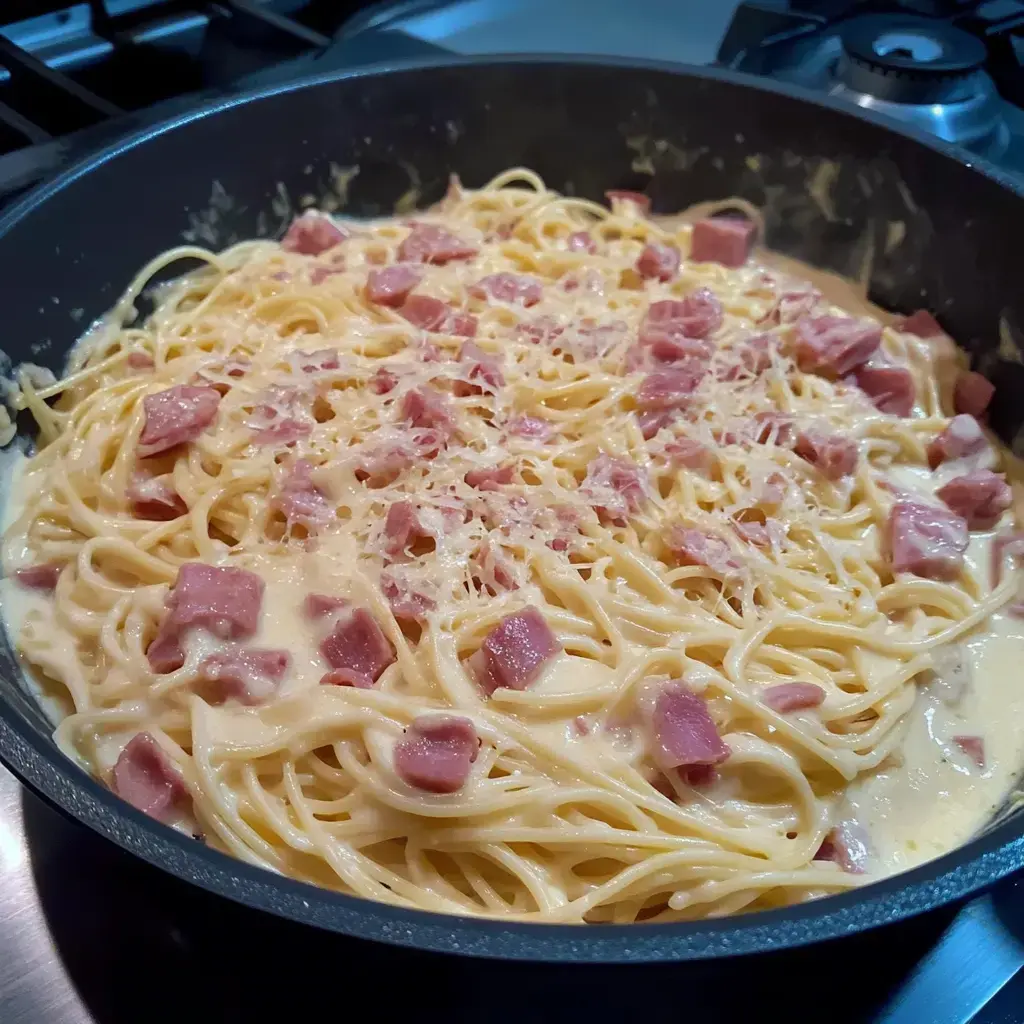 A skillet filled with spaghetti mixed with creamy sauce and diced ham.