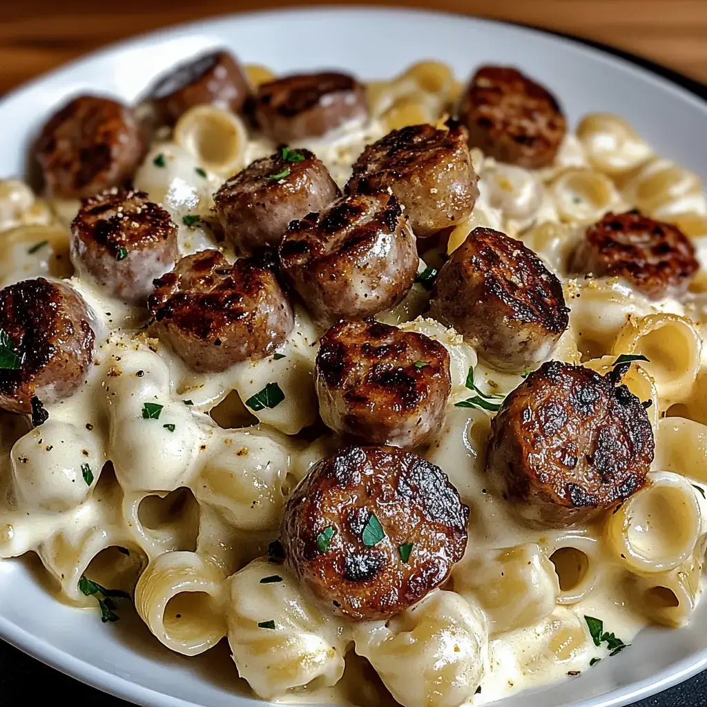 A white bowl filled with creamy pasta topped with sliced grilled sausages and sprinkled with parsley.