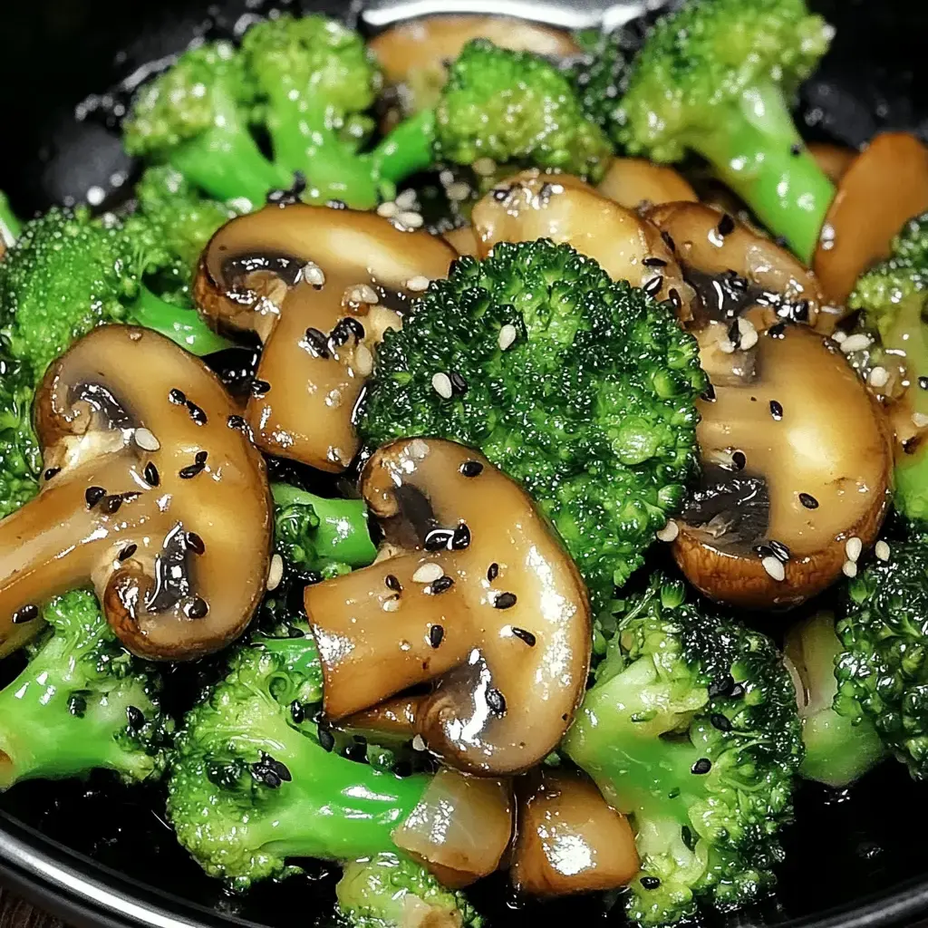 A close-up of sautéed broccoli and mushrooms topped with sesame seeds in a dark bowl.