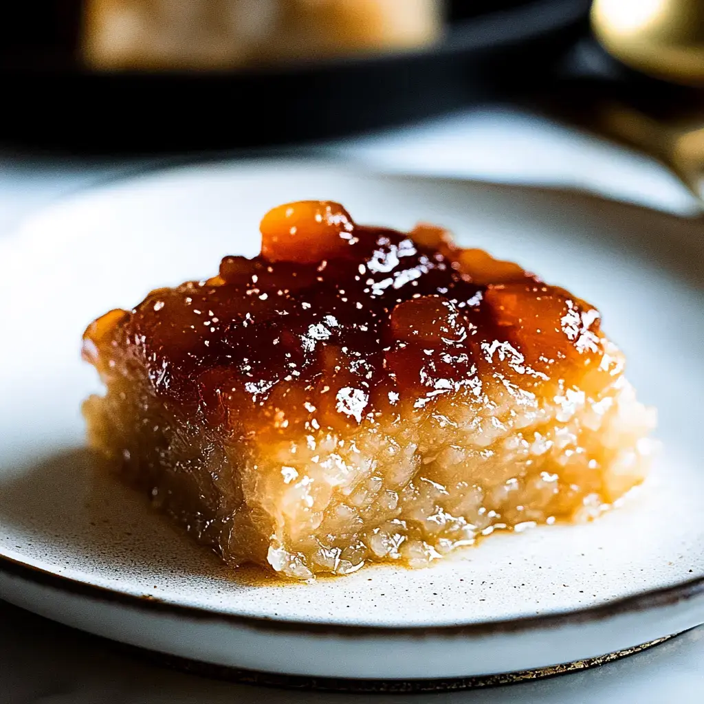 A close-up of a square piece of dessert topped with a shiny, caramel-like glaze on a white plate.