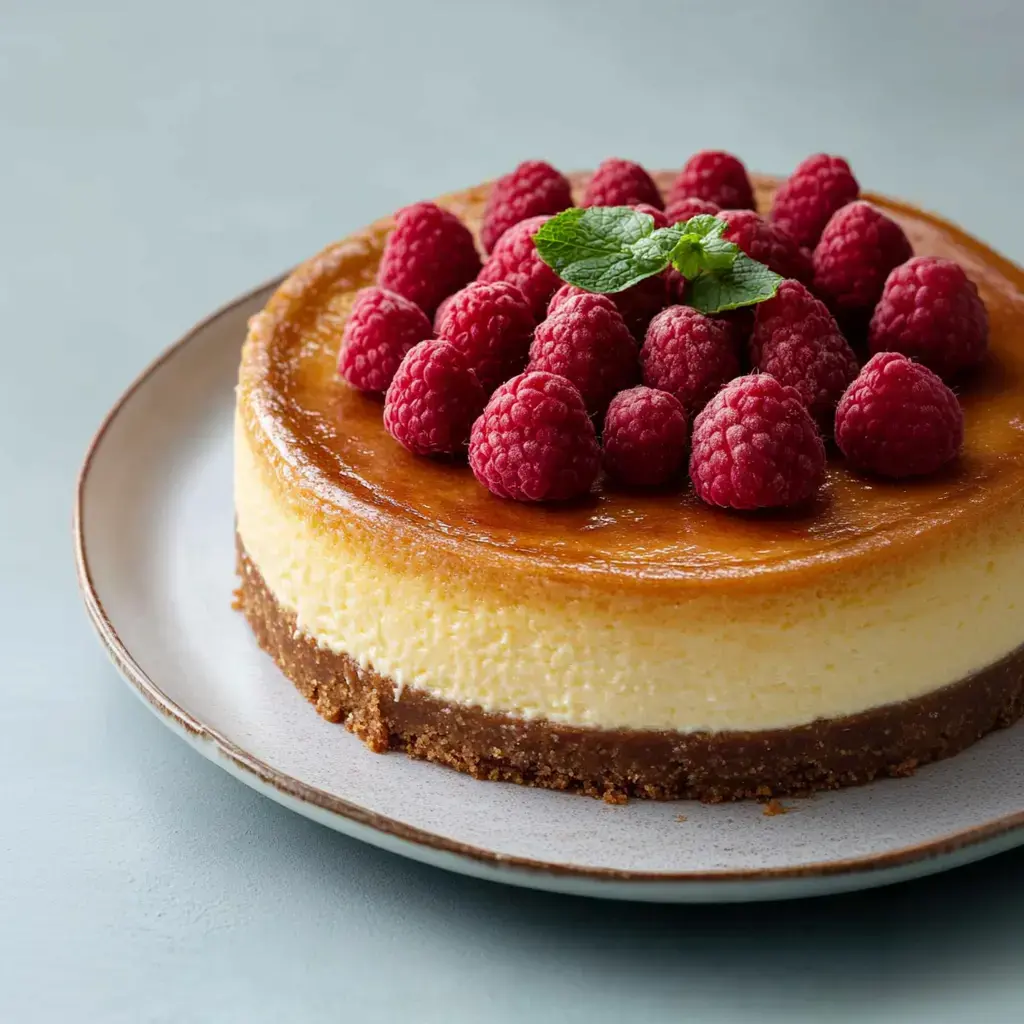 A round cheesecake topped with fresh raspberries and a mint leaf, displayed on a plate.