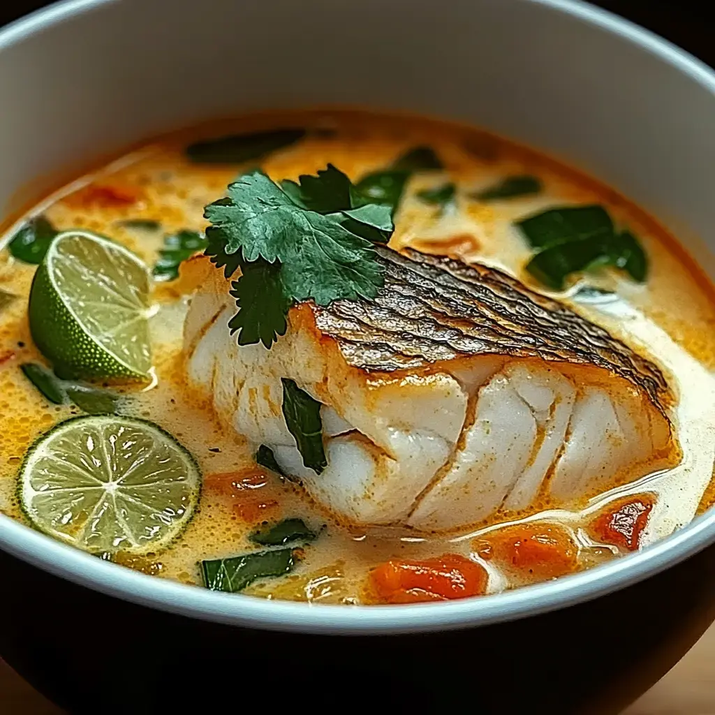 A bowl of creamy soup featuring a piece of grilled fish garnished with cilantro and lime slices.