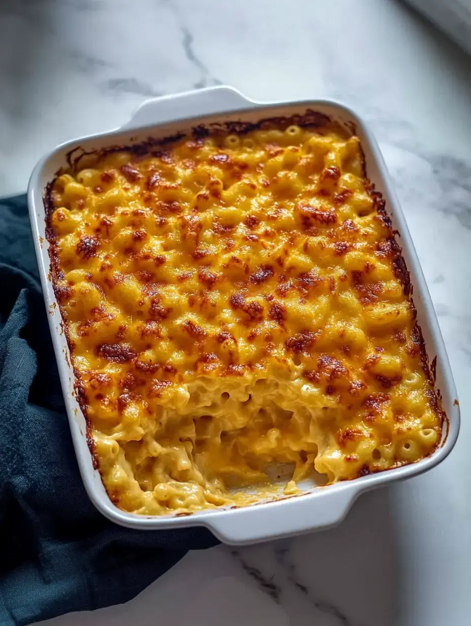 A baked macaroni and cheese dish with a golden, crispy top, served in a white casserole dish.