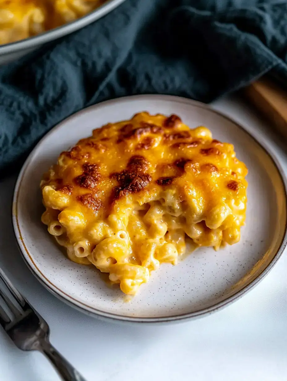 A serving of baked macaroni and cheese with a golden-brown, crispy top on a plate.