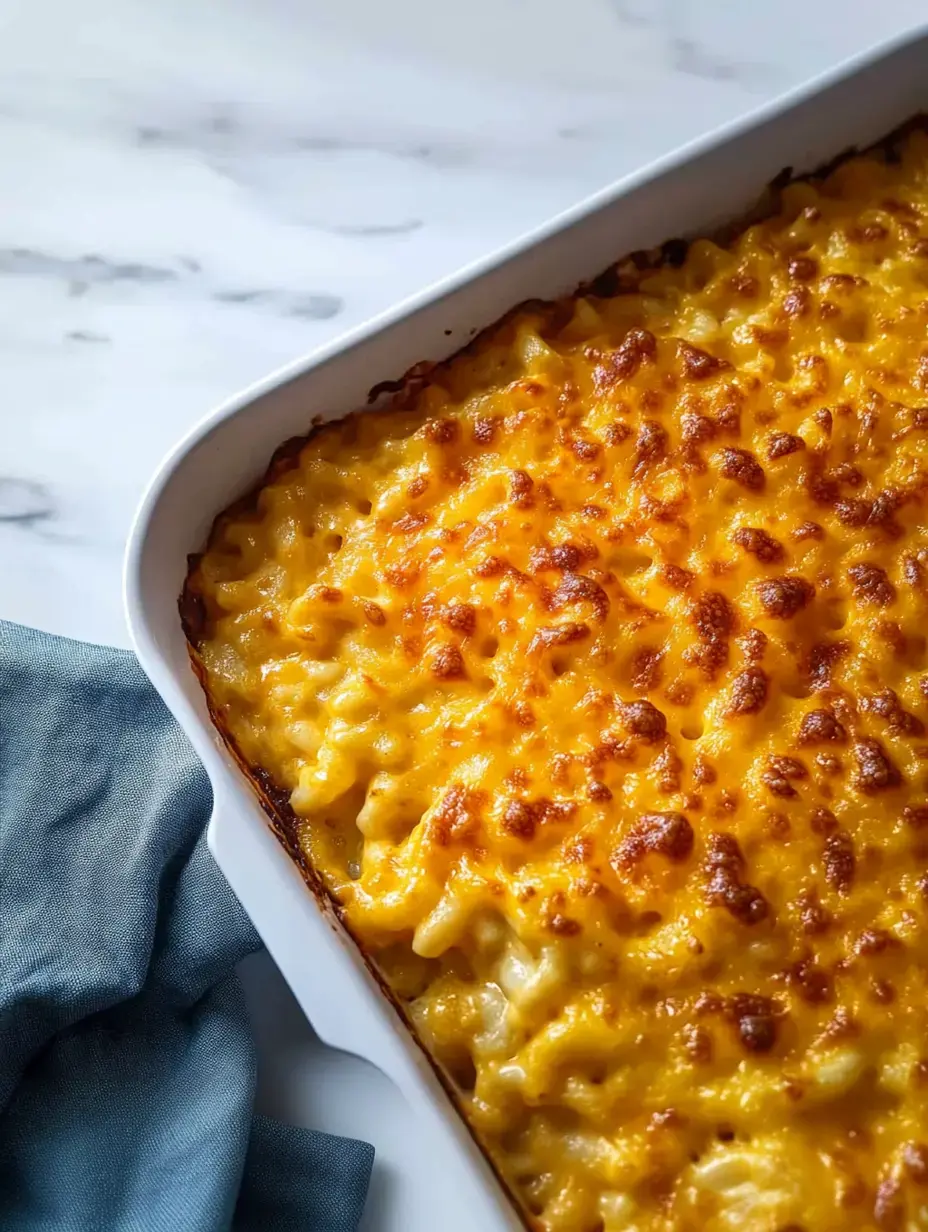 A baked dish of creamy macaroni and cheese with a golden, crispy top served in a white casserole dish next to a blue cloth.