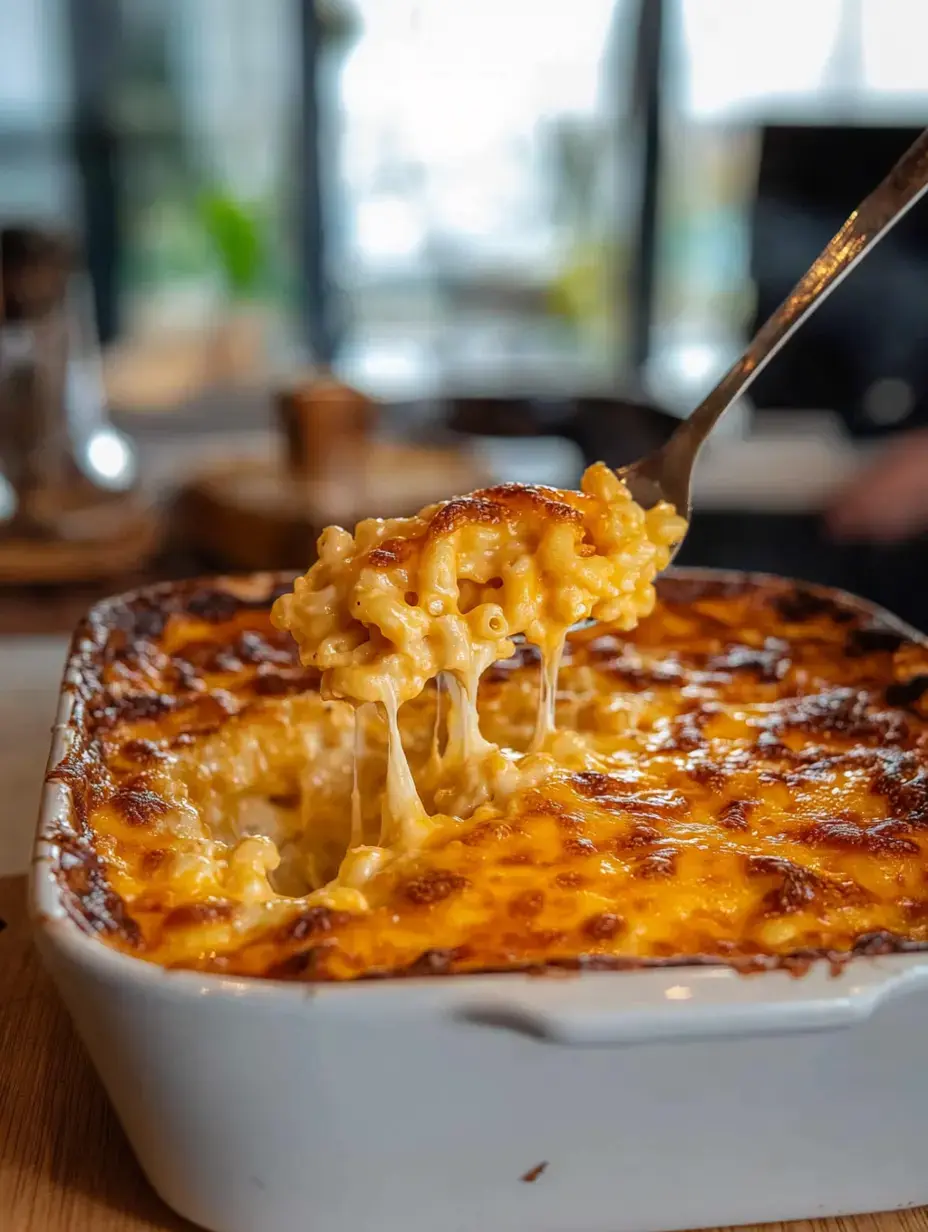 A spoonful of creamy, cheese-topped macaroni and cheese is being lifted from a baking dish.