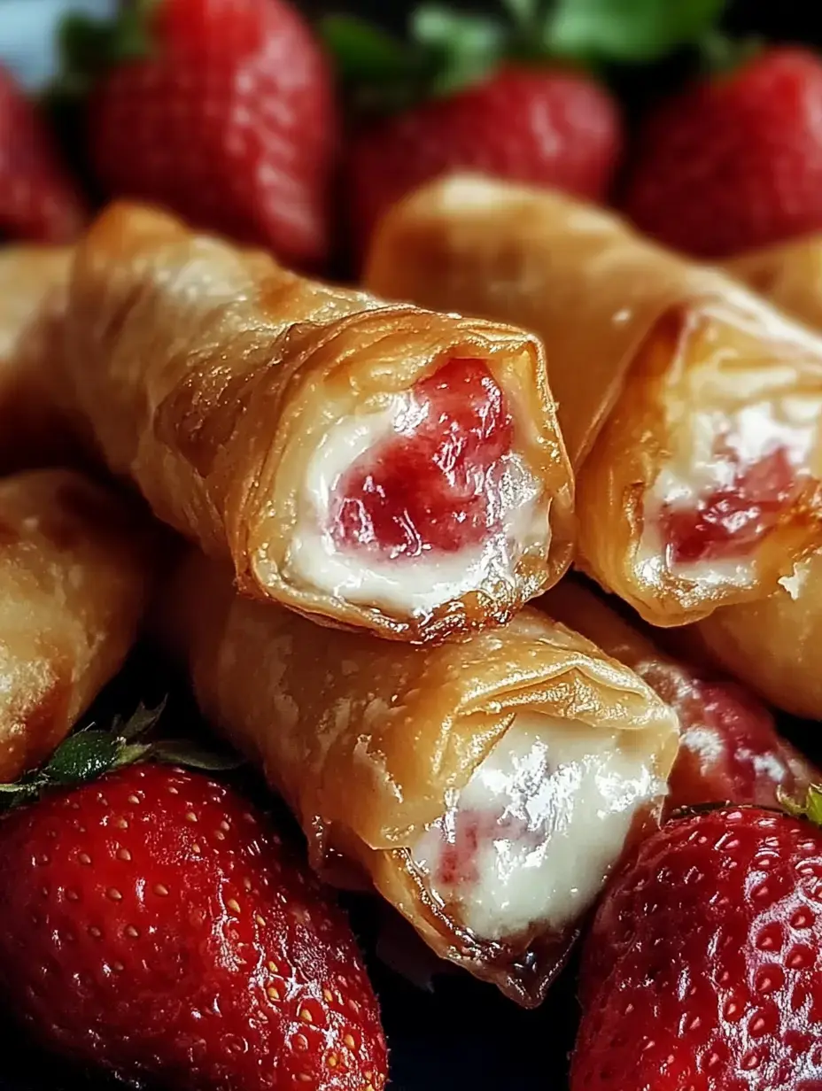 A close-up of crispy pastry rolls filled with creamy strawberry filling, surrounded by fresh strawberries.