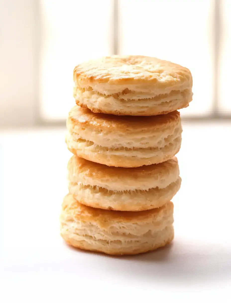 A stack of four freshly baked biscuits rests on a light surface with soft natural lighting in the background.