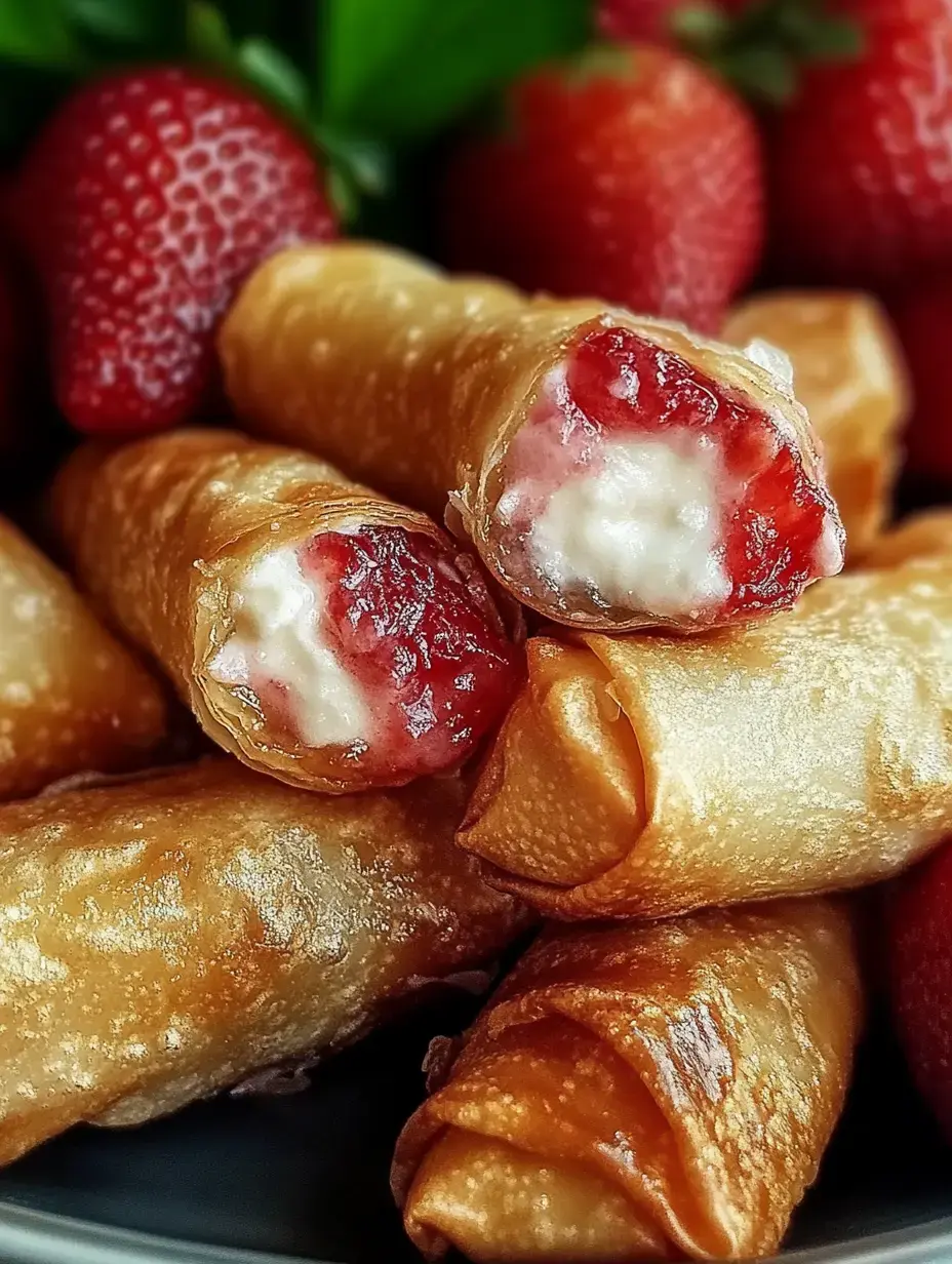 A close-up view of crispy fried spring rolls filled with strawberries and cream, surrounded by fresh strawberries.